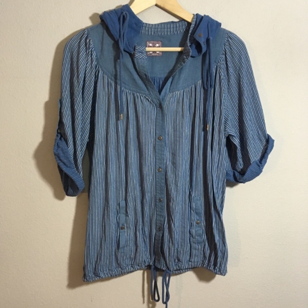 FREE PEOPLE Striped Blue Denim Chambray Hooded Button Front Top